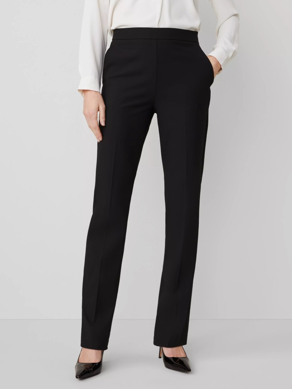 Ann Taylor Black Trousers Side Zip Straight Pant Size 6 Bi Stretch Minimalist